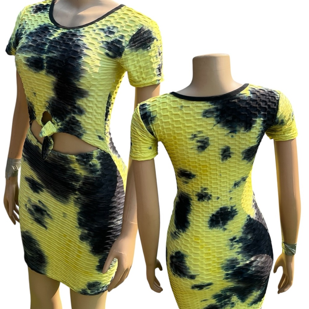 Vibrant Yellow and Black Textured Mini Dress